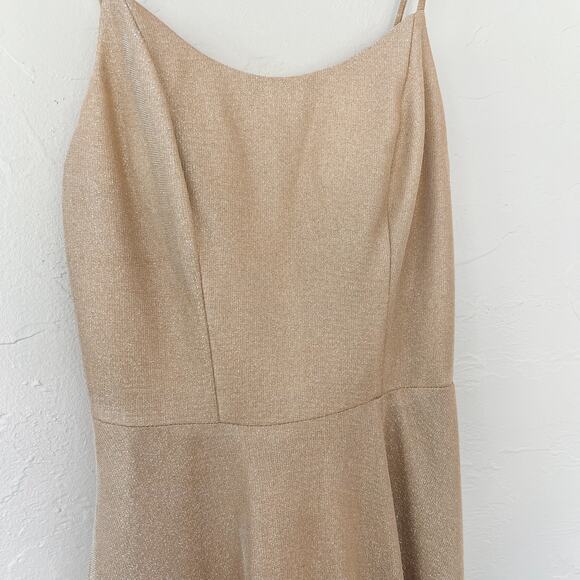 Jules and Cleo Gold Spaghetti Strap Glitter Shine Gown with Slit - Picture 3 of 7